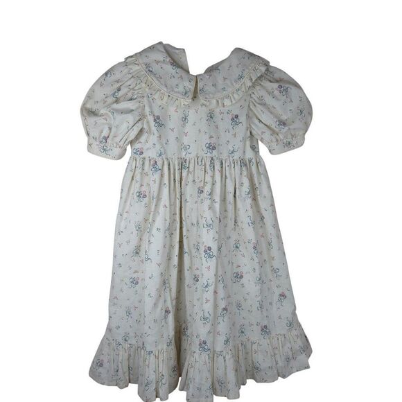 Vintage 90s Daisy Kingdom Dress Girls Size 8 Modest Floral Ribbons Puff Sleeves - Picture 2 of 9